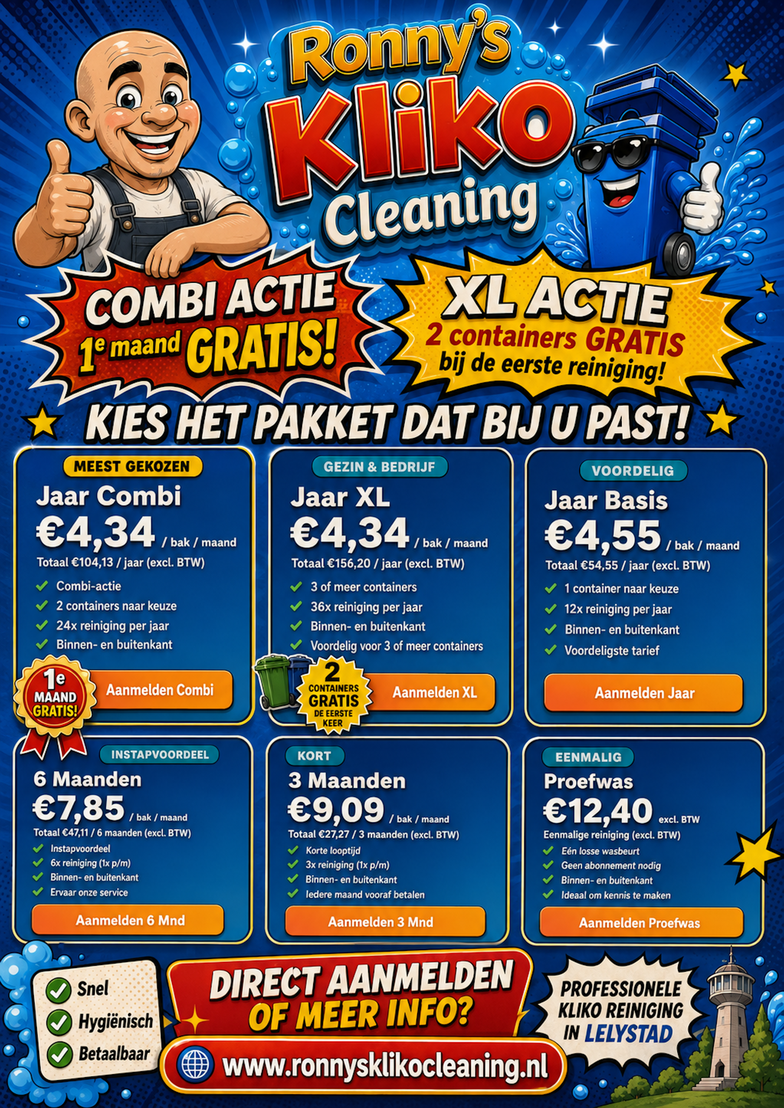 Achterkant met acties en tarieven van Ronny's Kliko Cleaning